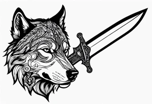 a head of savage wolf with a sword in its mouth tattoo idea
