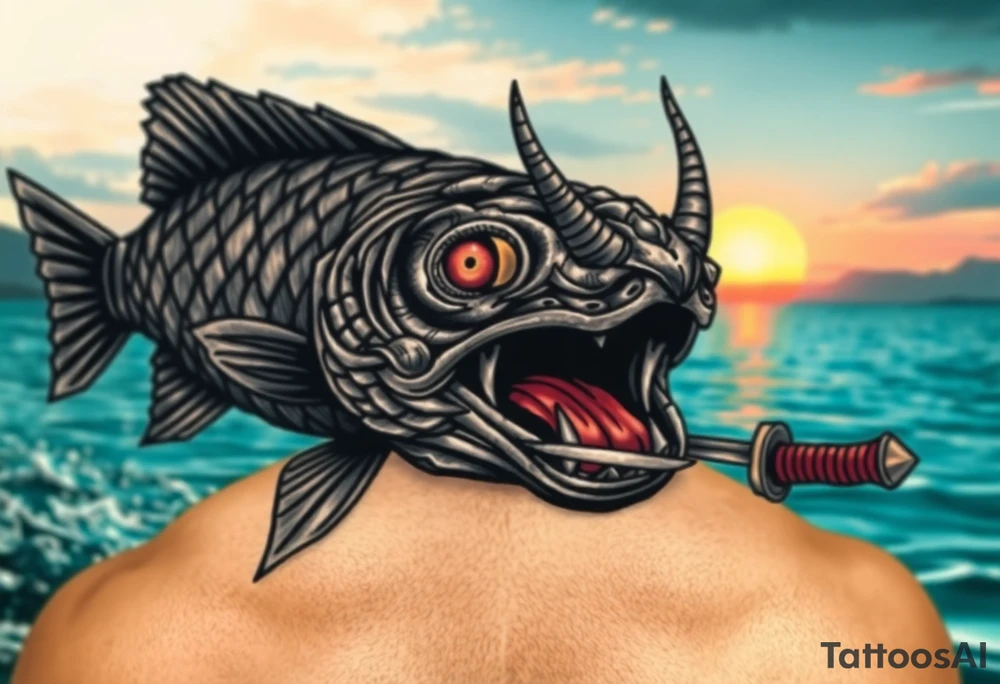 Coy fish jumping from the water. Fierce oni mask up close. Sunset in the background. Swords tattoo idea