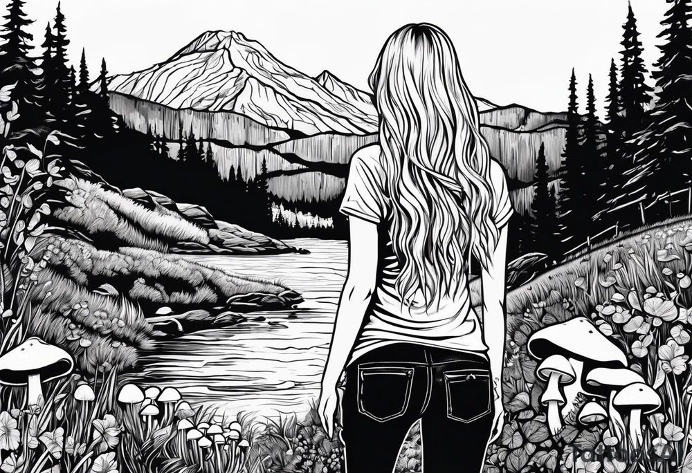 Straight long blonde hair hippie girl in distance holding mushrooms in hand facing away toward mountains and creek surrounded by mushrooms tee shirt and hiking pants tattoo idea
