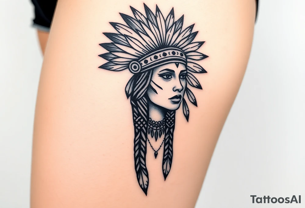 Beautiful, majestic, and noble young native American indian woman with a big bold head dress on and war paint on her face with some kind of background with tribal tattoo idea