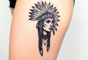 Beautiful, majestic, and noble young native American indian woman with a big bold head dress on and war paint on her face with some kind of background with tribal tattoo idea