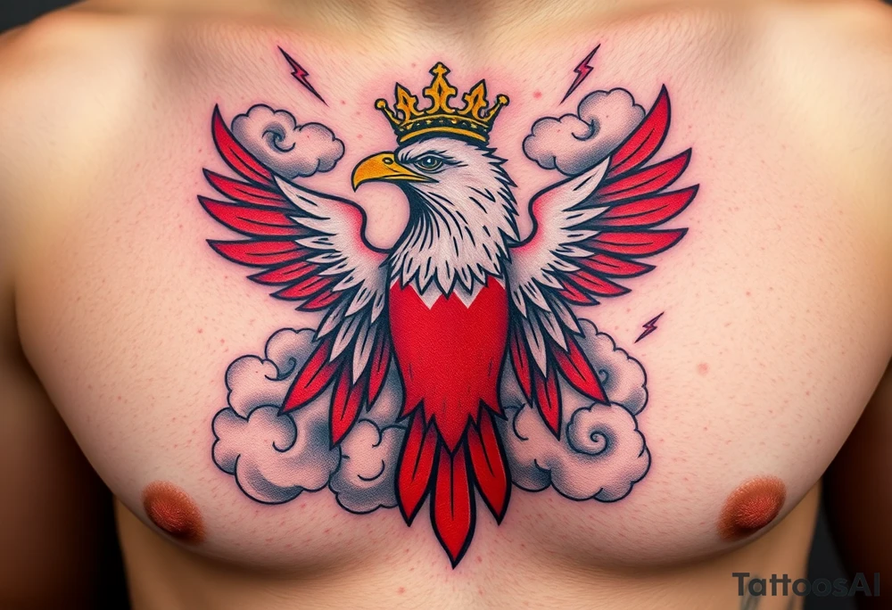 A red and white The Moravian eagle  with golden crown on its head surrounded by a storm, with dark clouds and lightning bolts tattoo idea