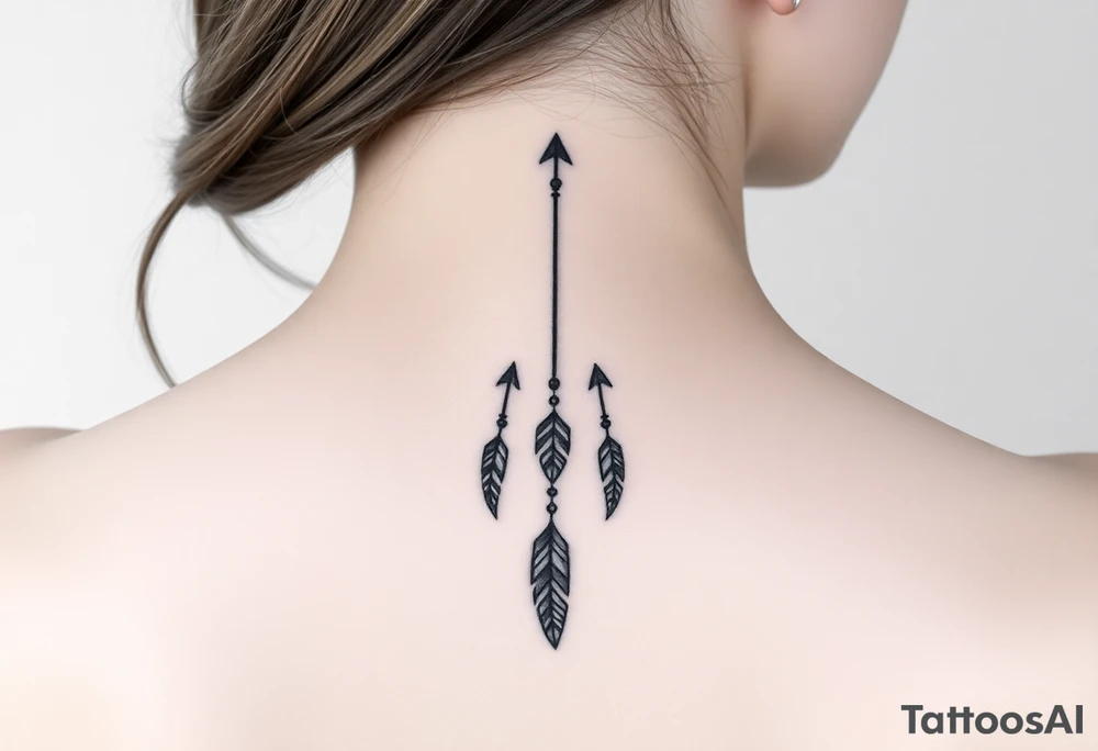 Thin spinal tattoo following down the spine in a native style with 3 vertical different lengths flowing lines made of a discreet connection of morse code ".--- .- --.     .-.. ... -.- .- .-.   -.. .. --.     .-.. .. .-.. .-.. . -... .-. --- .-. forming 3 arrow shapes connected to flowing feathers hanging from the morse code lines tattoo idea