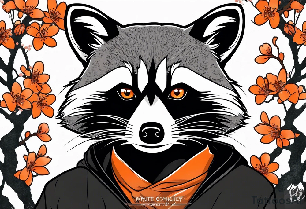 Raccoon wearing a white Superman logo on a black hoodie and orange Japanese cherry blossoms tattoo idea
