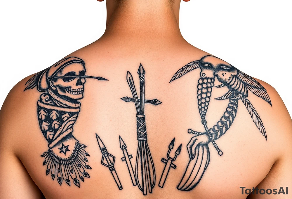 A picture of the lucayan people and things representing their culture in color . As an arm sleeve tattoo idea