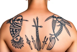 A picture of the lucayan people and things representing their culture in color . As an arm sleeve tattoo idea