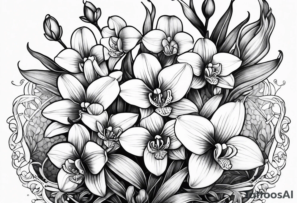 Honeysuckle lily of the valley orchid snapdragon mandala black tattoo design tattoo idea