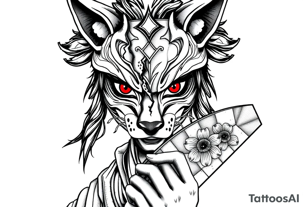 Woman samurai with red eyes wearing an half and broken fox mask, wearing a japanese fan with irises. tattoo idea