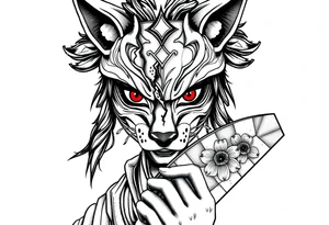 Woman samurai with red eyes wearing an half and broken fox mask, wearing a japanese fan with irises. tattoo idea
