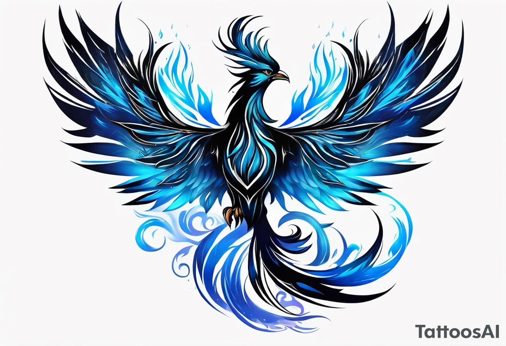 Phoenix Rising From The Ashes, Black And Blue Design With Blue Flame Hues tattoo idea