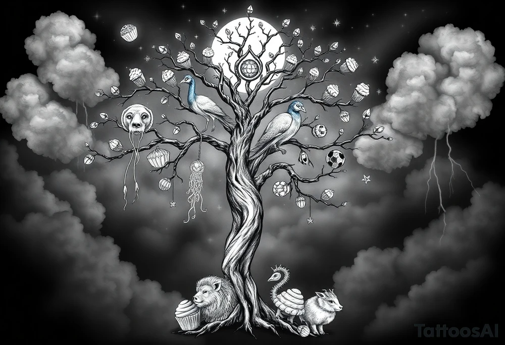 mystical tree  with cosmic  branches fat naked sexy woman , peacock , pig , cupcakes, sins,  Storm clouds, pig, peacock , fat sexy naked fat woman, cupcakes, noose , money, goat lion, man sex toys pussy dicks, cigerette storm lightening, killing, darkness death, violent majestic creatures and penis and vagina tattoo idea