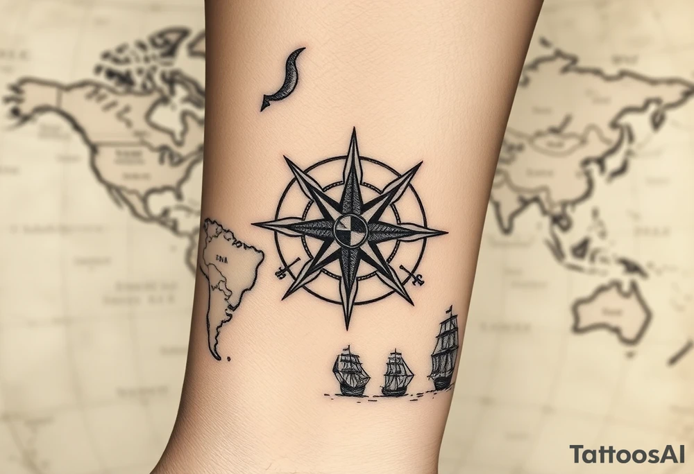 antique compass rose overlaid on weathered world map with sailing ships tattoo idea