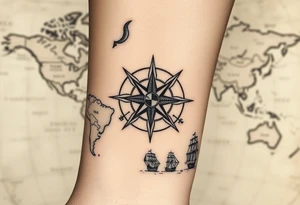 antique compass rose overlaid on weathered world map with sailing ships tattoo idea