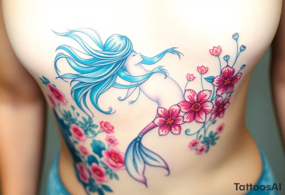 ethereal mermaid with flowing hair among coral and sea flowers tattoo idea