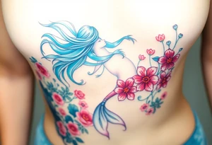 ethereal mermaid with flowing hair among coral and sea flowers tattoo idea