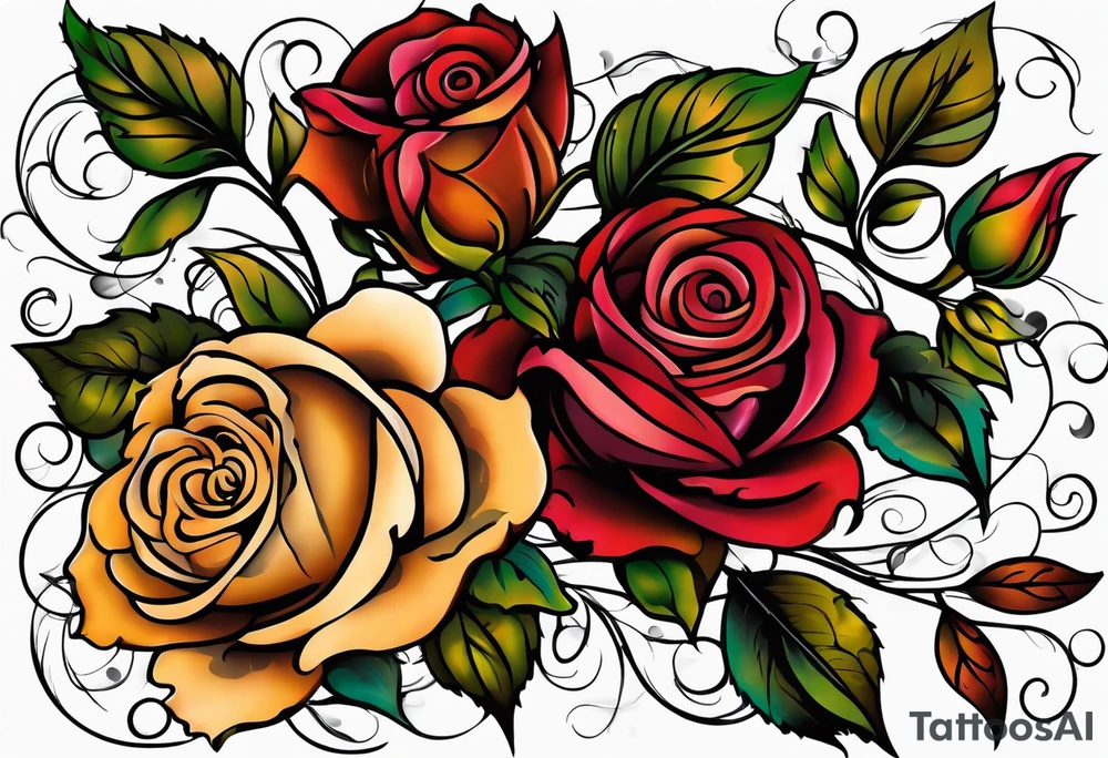 sleeve tattoo in fall colors with roses background swirls, leaves tattoo idea