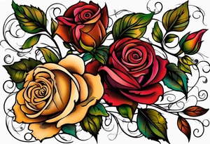 sleeve tattoo in fall colors with roses background swirls, leaves tattoo idea