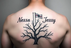 the name Nessa, Anne, Jessy as flags on a live tree tattoo idea