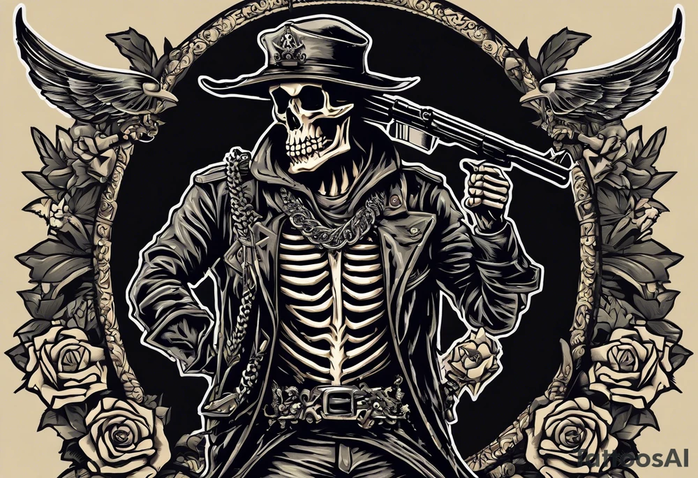 image of a skeleton standing frontally with a crown on his head, holding an AK-47 on his shoulder with his right hand. The chain on the left should be taut, there are three angry barking Dobermans in it, near the waist tattoo idea