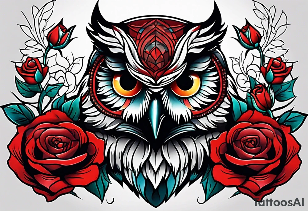 Color Owl with red roses tattoo idea
