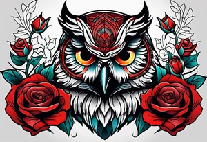 Color Owl with red roses tattoo idea