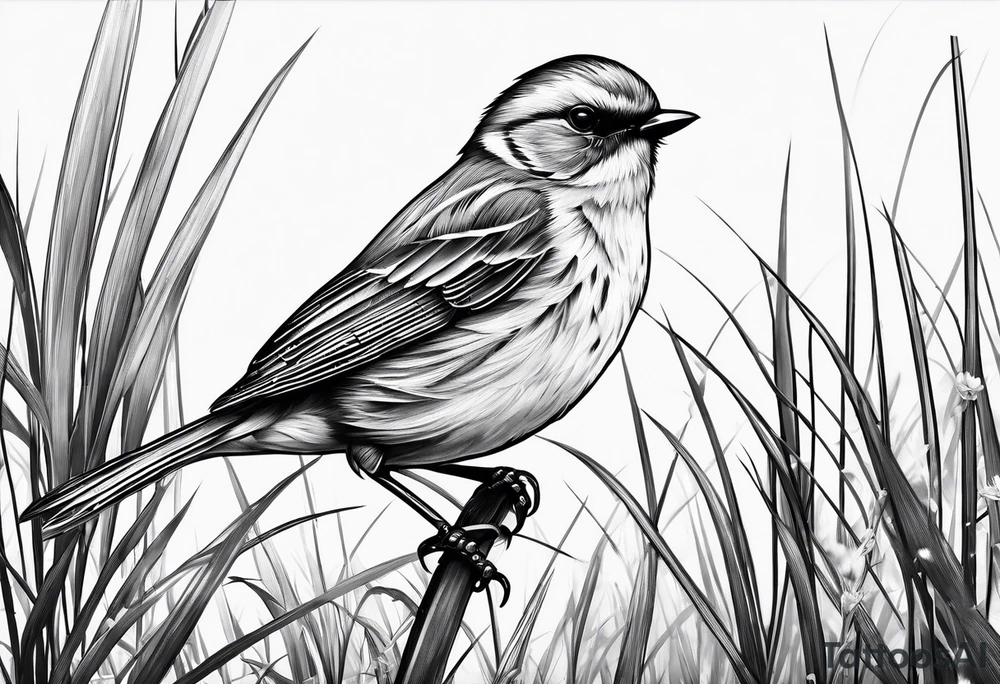 little bird perched on tall grass tattoo idea