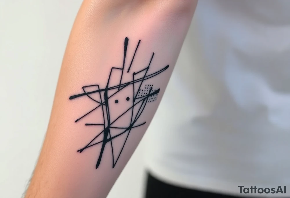 Abstract black line tattoo for a male, inner forearm wrapping the elbow.
Irregular broken lines, controlled sharp curves, sketch-like technical flow, minimal dot accents.
Raw, structured, non-delicate, inspired by motion traces.
Black ink only, no shading, realistic tattoo reference. tattoo idea