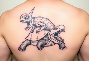 An insane creature with alien eyes riding a turtle who has a giant open mouth and long teeth tattoo idea