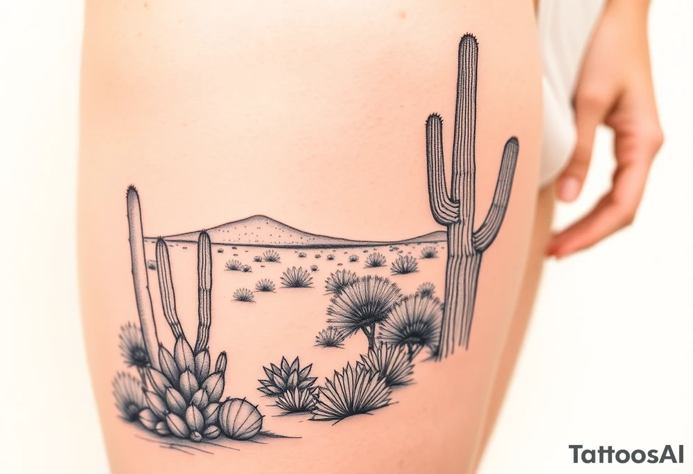 A scenic view of cactuses in the desert landscape of Arizona on a sunny day tattoo idea