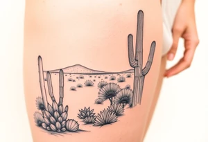 A scenic view of cactuses in the desert landscape of Arizona on a sunny day tattoo idea
