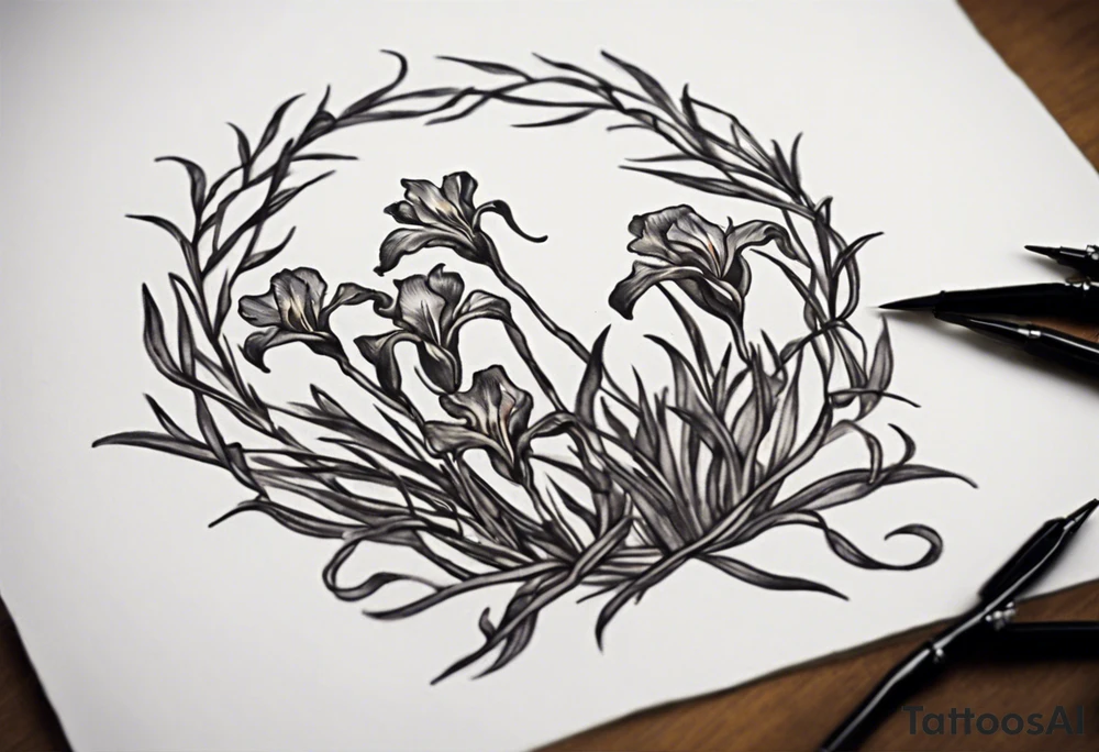 Create a small Vincent van Gogh Irises tattoo, with vines gracefully intertwining at a central point in the middle of the wreath.  The intended placement is on the upper chest. The overall design should be small in size while maintaining a delicate and artistic aesthetic. Pay attention to the graceful flow of the vines and the placement of the irises to achieve a refined and elegant look. tattoo idea