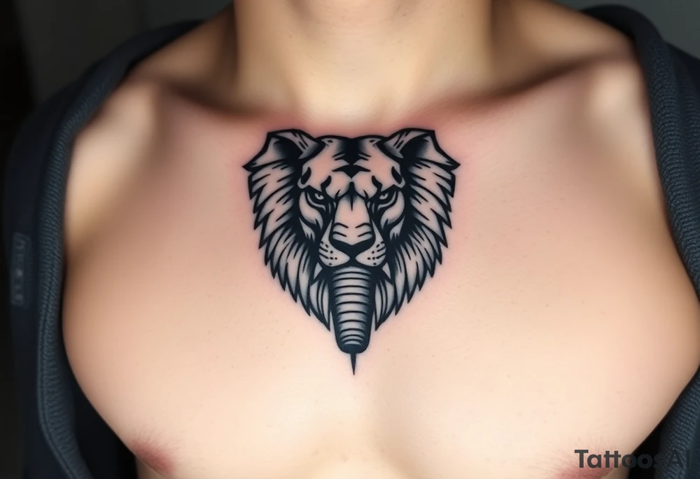 A half elephant half lion head divided by a vertical line tattoo idea