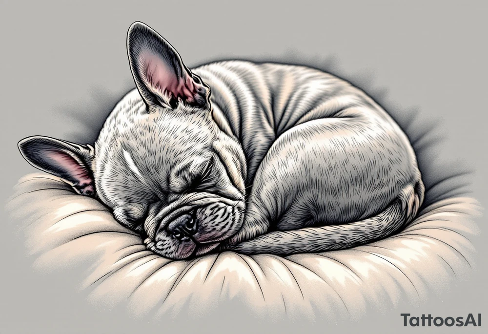 Sleeping French Bulldog puppy curled up in a ball, with light gray fur and subtle cream highlights, set on a cozy pillow. tattoo idea