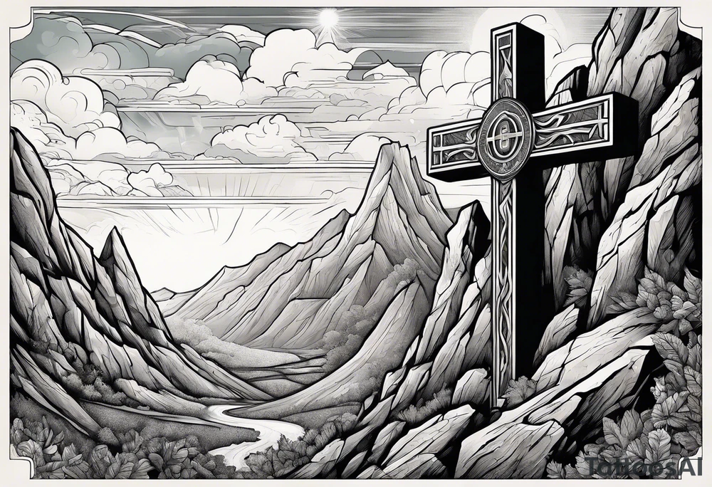 hand reaching through the cross of Christ in the mountains tattoo idea