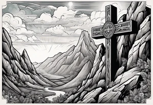 hand reaching through the cross of Christ in the mountains tattoo idea