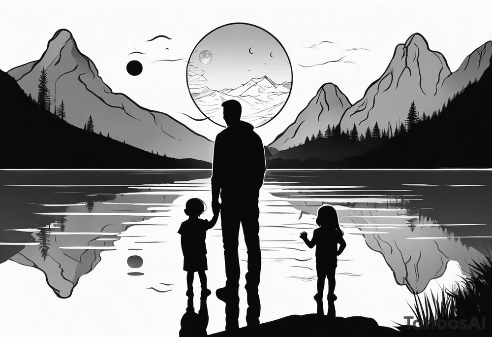 Father in between 6 year old daughter and 2 year old son. Standing in front of water with their reflection in the water behind them with tree and mountains in front of them. Moon in the sky reflecting in the water. tattoo idea