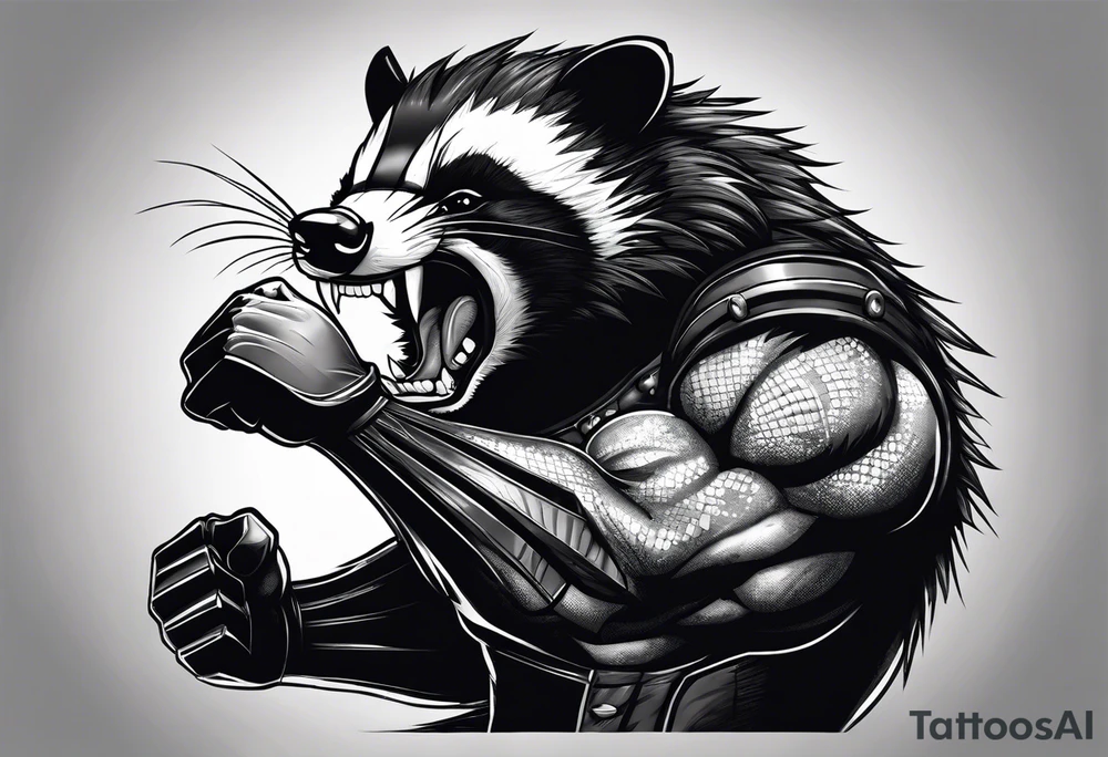 Draw me badger/wolverine with aggressive full body show, killer face with cute smile, very long nails and he attacks like a gladiator to enemy and also he has very deadly looking tattoo idea