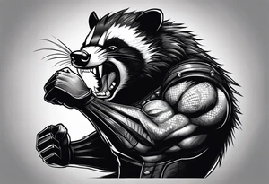 Draw me badger/wolverine with aggressive full body show, killer face with cute smile, very long nails and he attacks like a gladiator to enemy and also he has very deadly looking tattoo idea