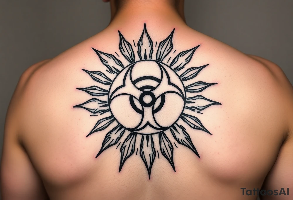 biohazard symbol inside a sun with bold lines, in an old-school black ink style. tattoo idea