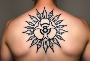 biohazard symbol inside a sun with bold lines, in an old-school black ink style. tattoo idea