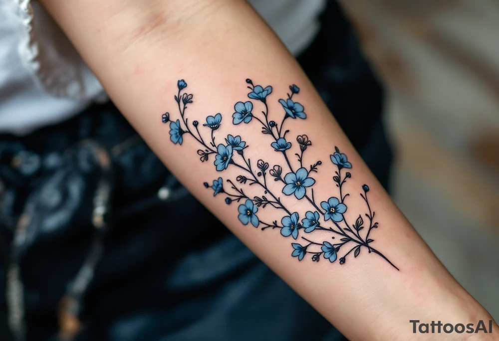 Subtle date 23.03.1993 in fine black linework, wrapped in pastel blue forget-me-nots. tattoo idea