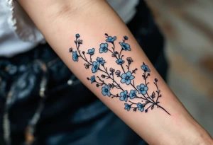 Subtle date 23.03.1993 in fine black linework, wrapped in pastel blue forget-me-nots. tattoo idea