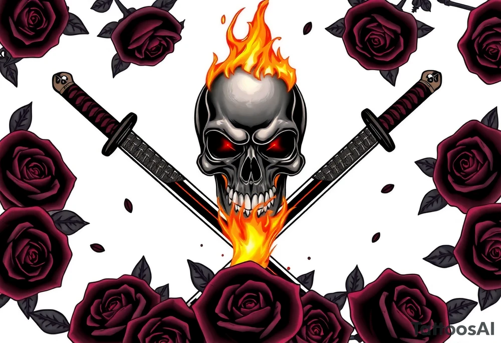A skull burning intensely, katanas crossed, surrounded by falling dark roses. tattoo idea