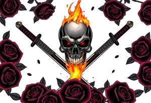 A skull burning intensely, katanas crossed, surrounded by falling dark roses. tattoo idea