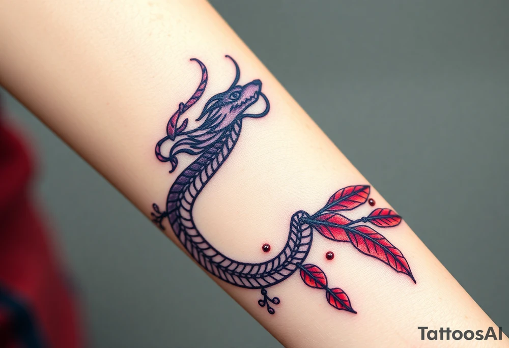 A bracelet wrapped around the arm dragon with purple and red tones, feathers and vines
Include bead WORK and lines tattoo idea