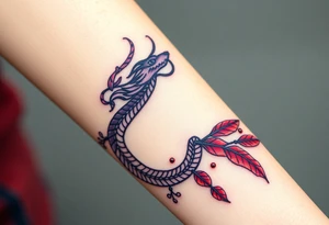 A bracelet wrapped around the arm dragon with purple and red tones, feathers and vines
Include bead WORK and lines tattoo idea