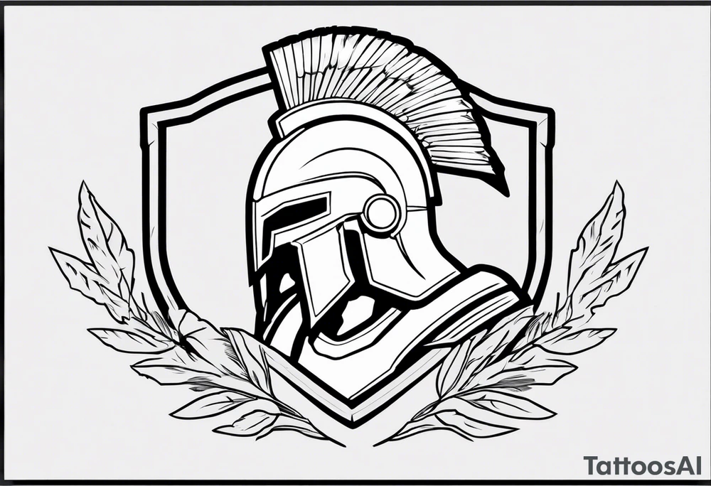 rectangular landscape format ultra-fine line linework vector of a spartan from the side, spartan spear, spartan shield, laurel wreath tattoo idea