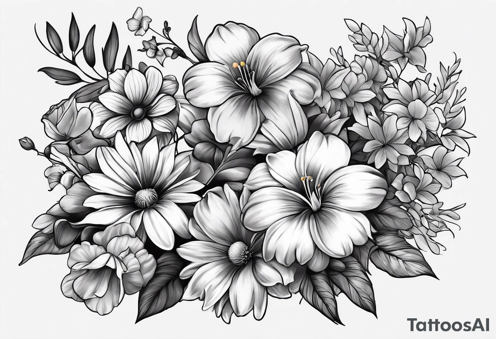 black and gray bunch of flowers that include violets, daffodils, daisies, roses, morning glorys, marigolds, chysanthemums tattoo idea