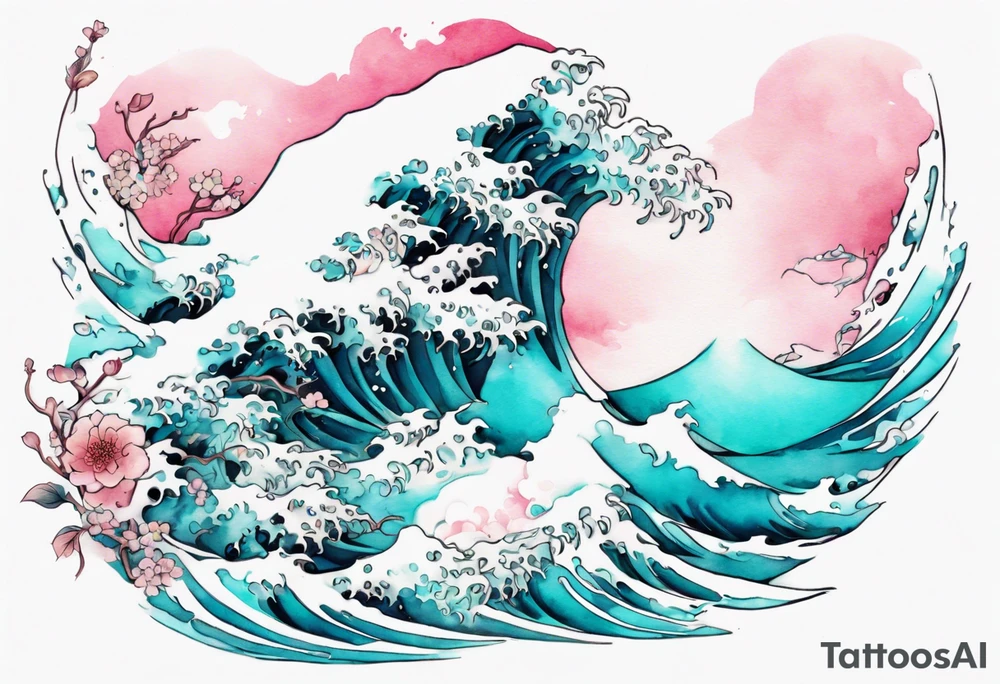 a turquoise and white and pink pretty Umibōzu rising from the blue waves of the ocean tattoo idea