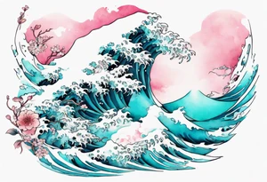 a turquoise and white and pink pretty Umibōzu rising from the blue waves of the ocean tattoo idea